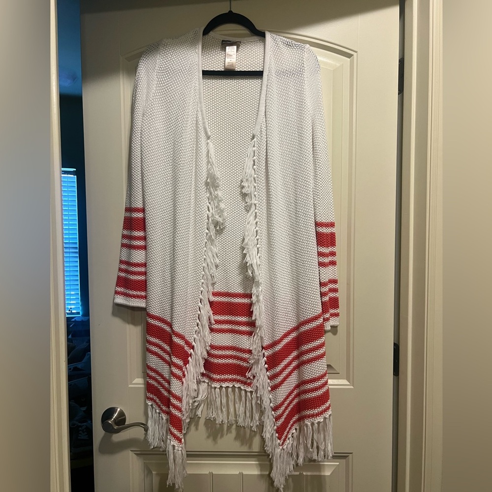 Tommy Bahama Stripe Knit Tassle Cardigan Duster Sz sm red and white. Like new
